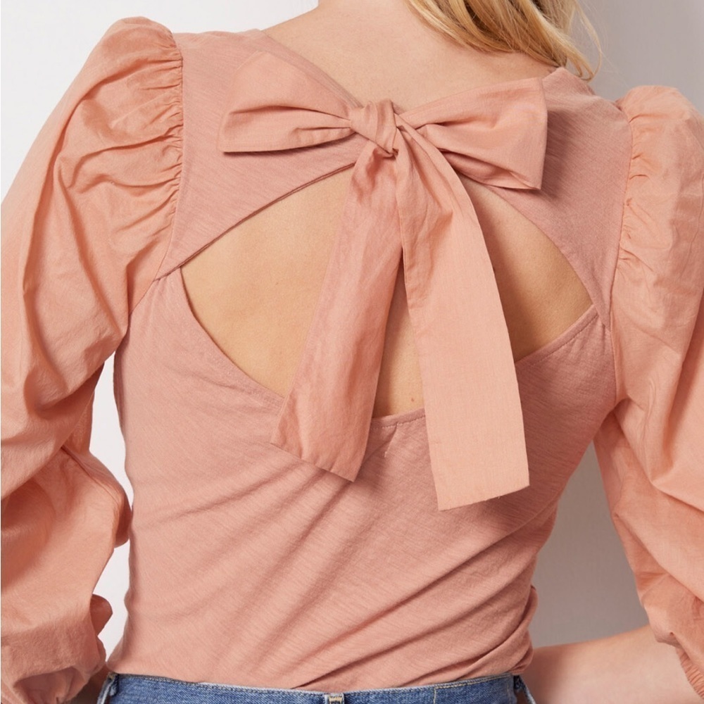 Nation Ltd Shalom Tie Back Combo Tee Bisou Bow Puff Sleeve Open Back Sz S New